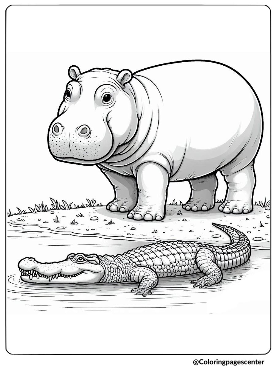 Coloring page of realistic hippo with a crocodile