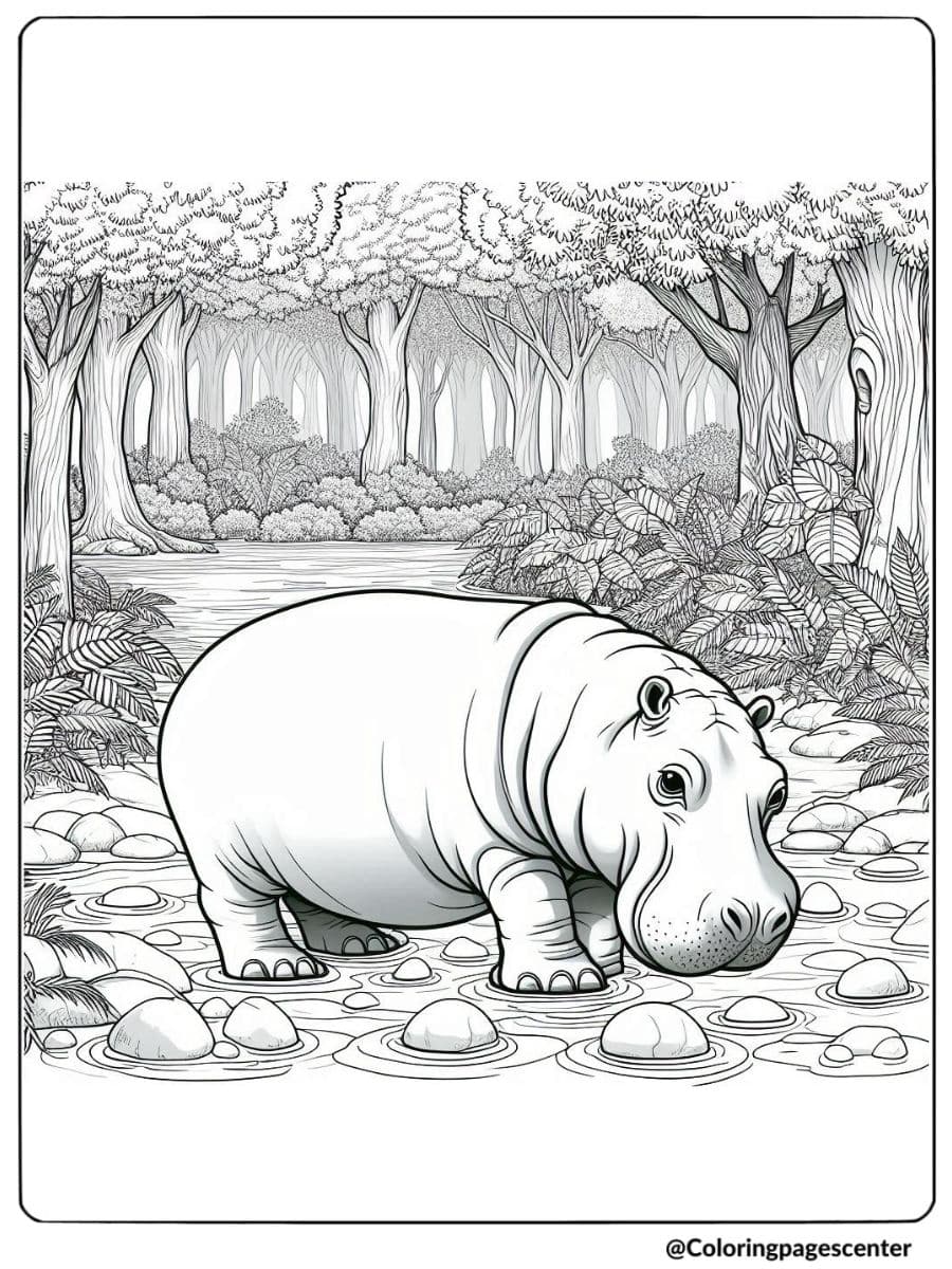 Coloring page of realistic hippo in a forest stream