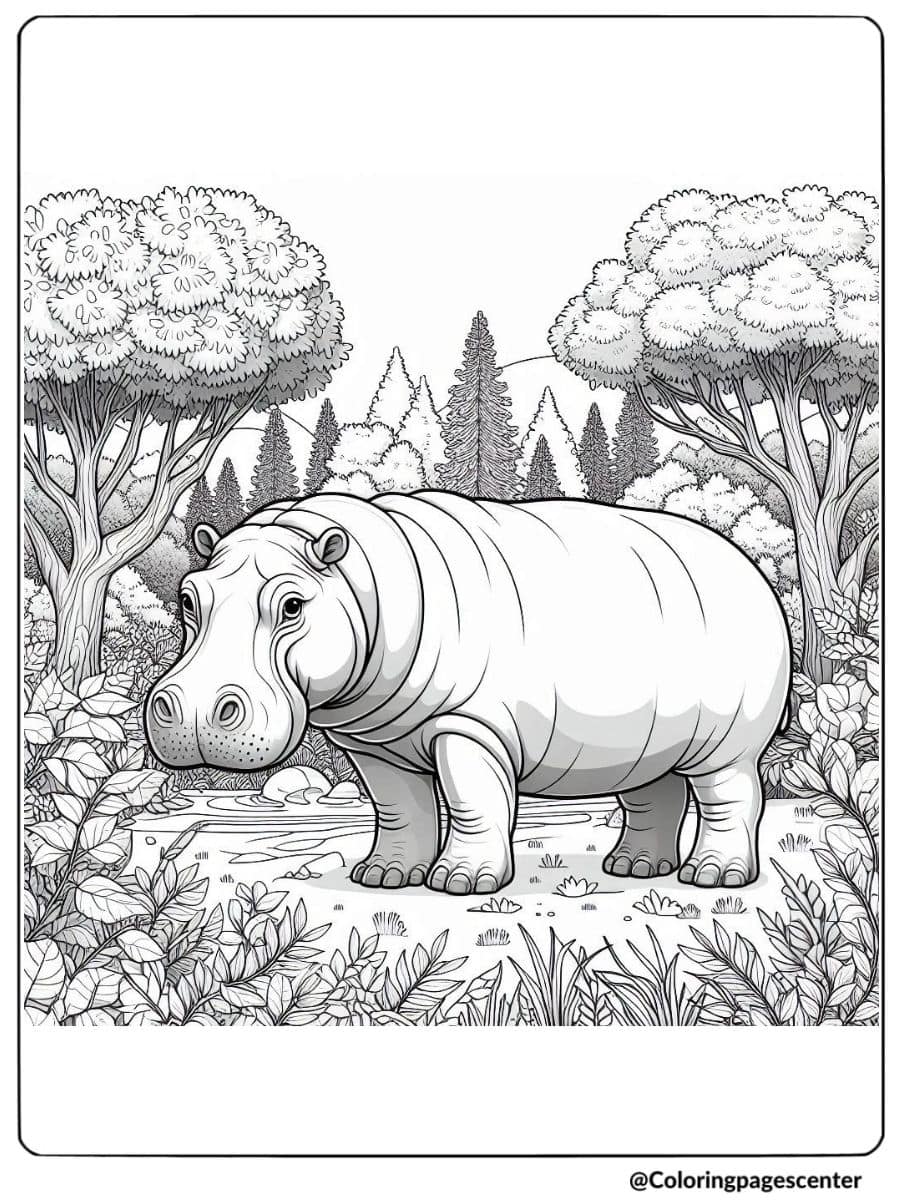 Coloring page of realistic hippo in dense forest setting