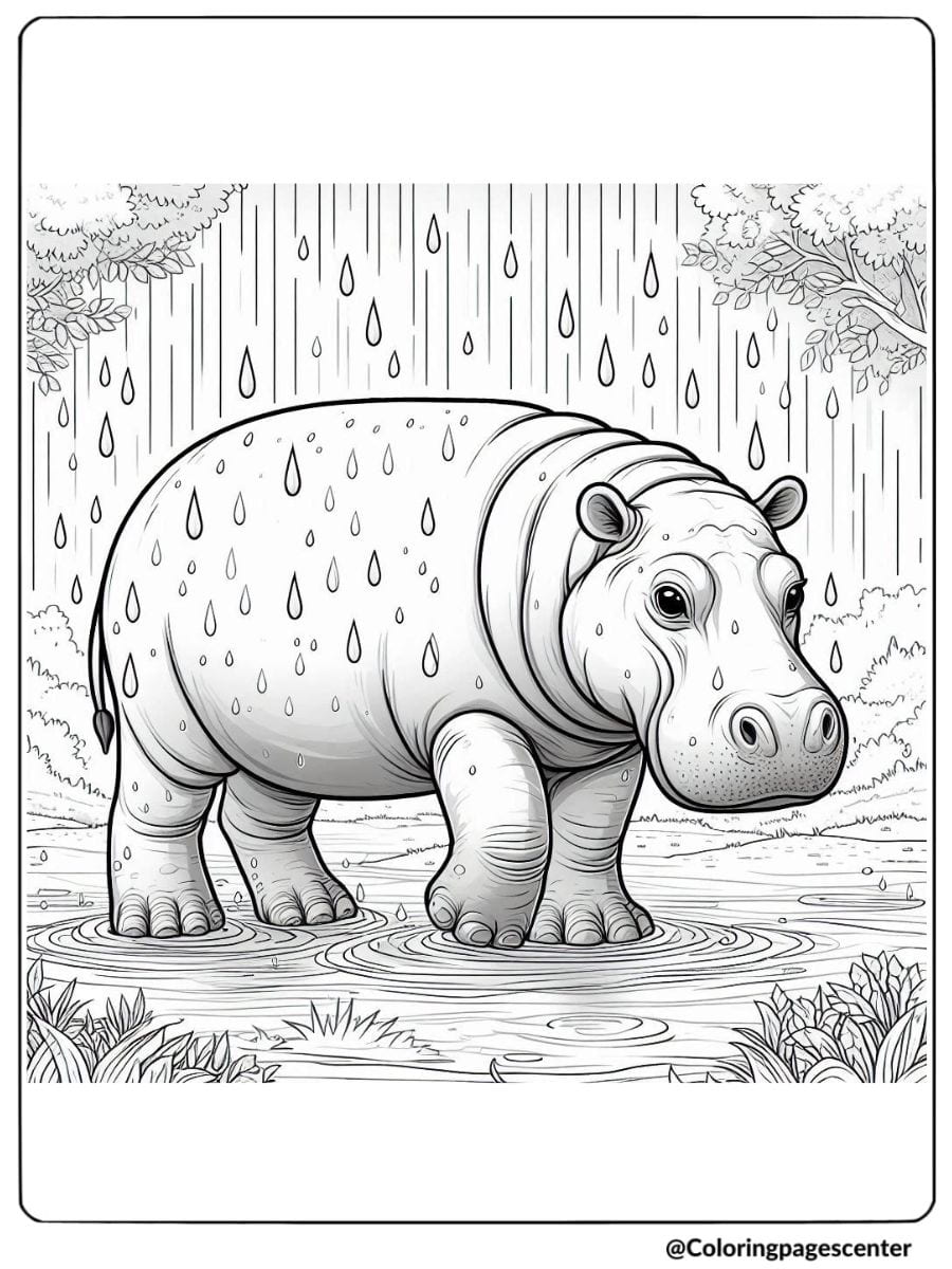 Coloring page of realistic hippo standing in the rain