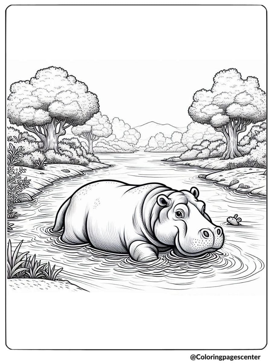 Coloring page of realistic hippo standing in river scenery