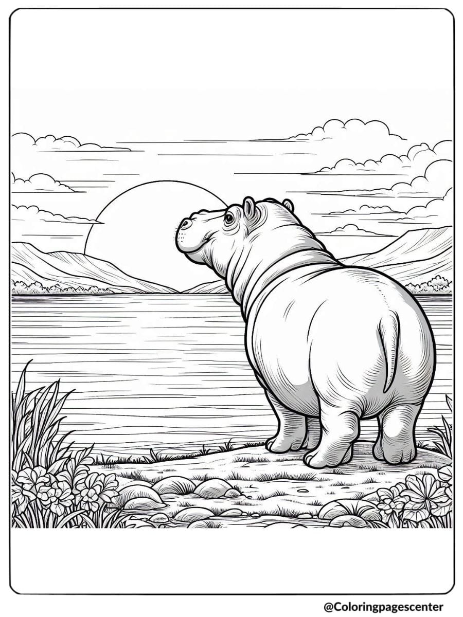 Coloring page of realistic hippo looking at sunset