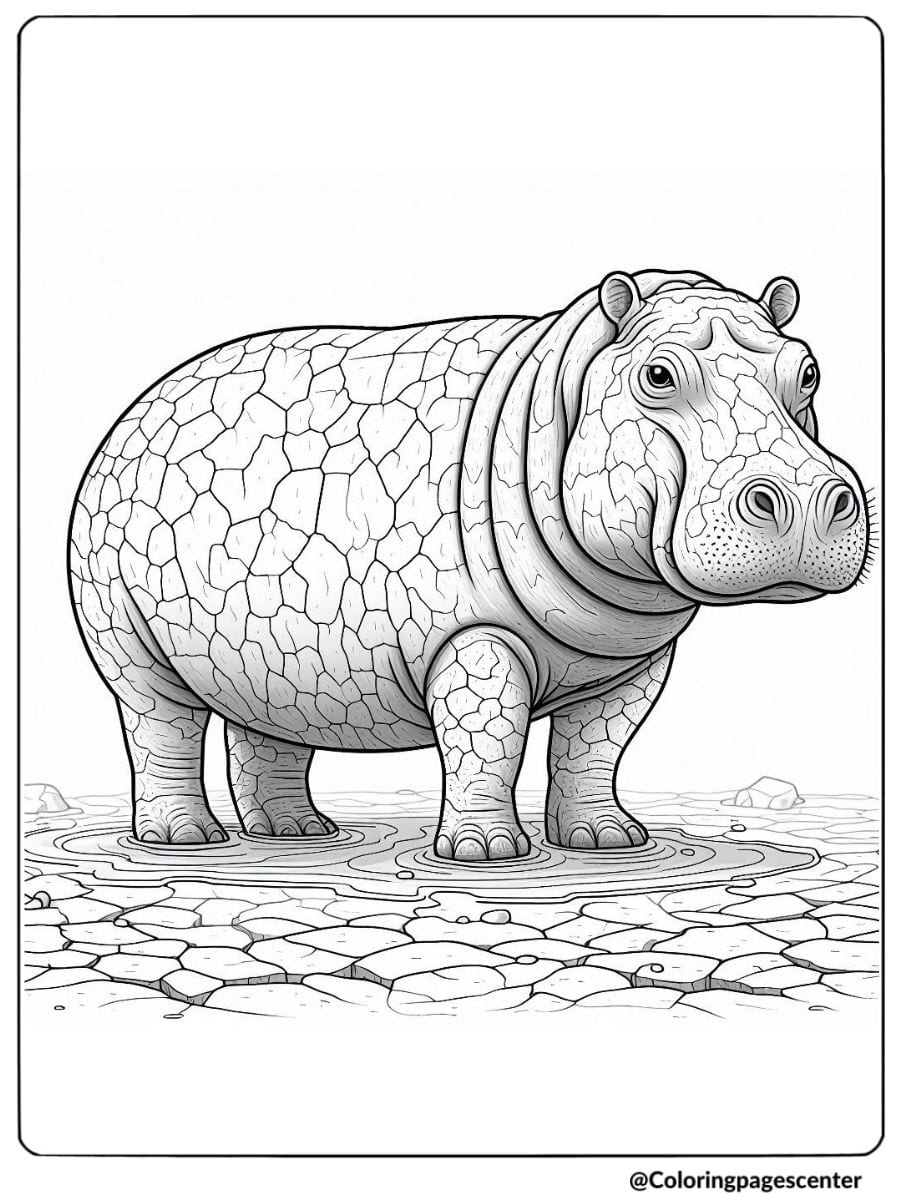 Coloring page of realistic hippo with cracked skin effect