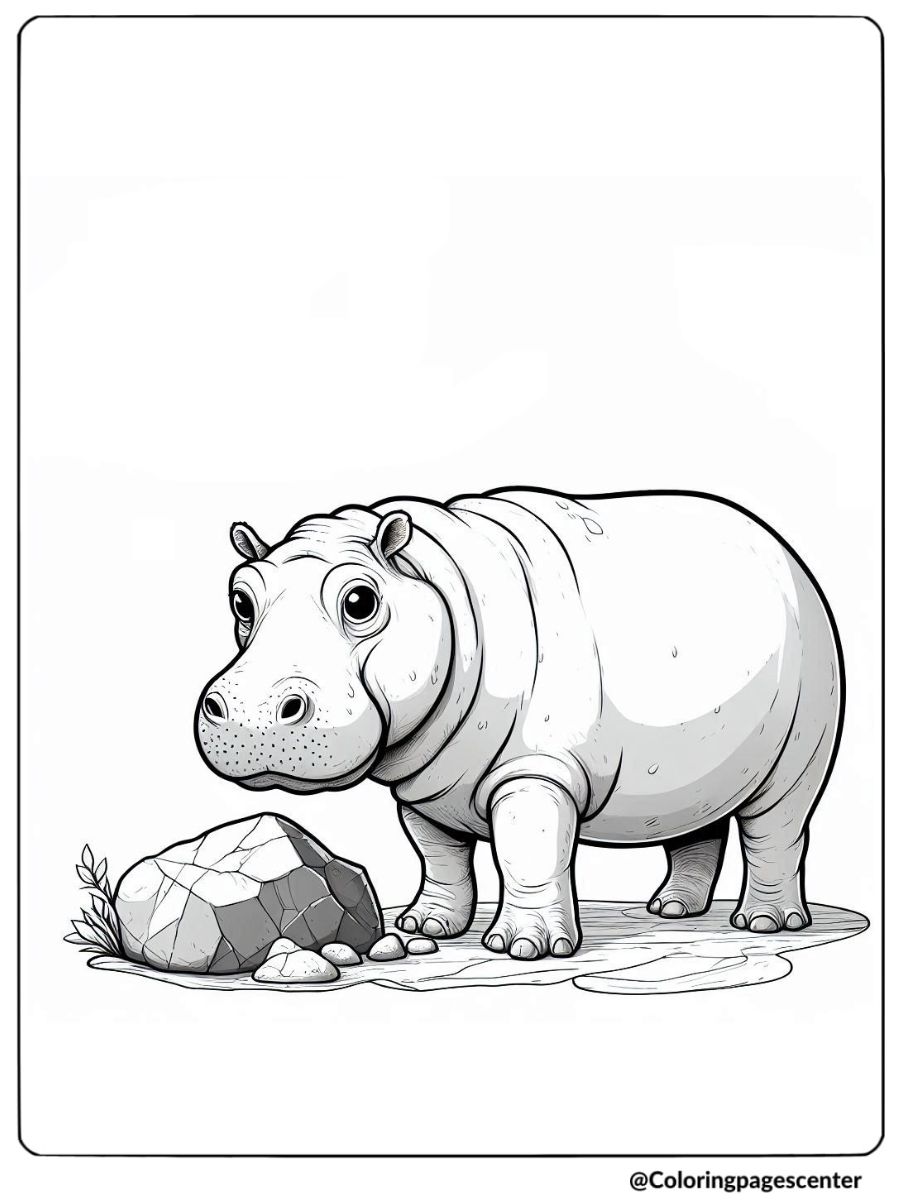 Coloring page of realistic hippo beside a rock