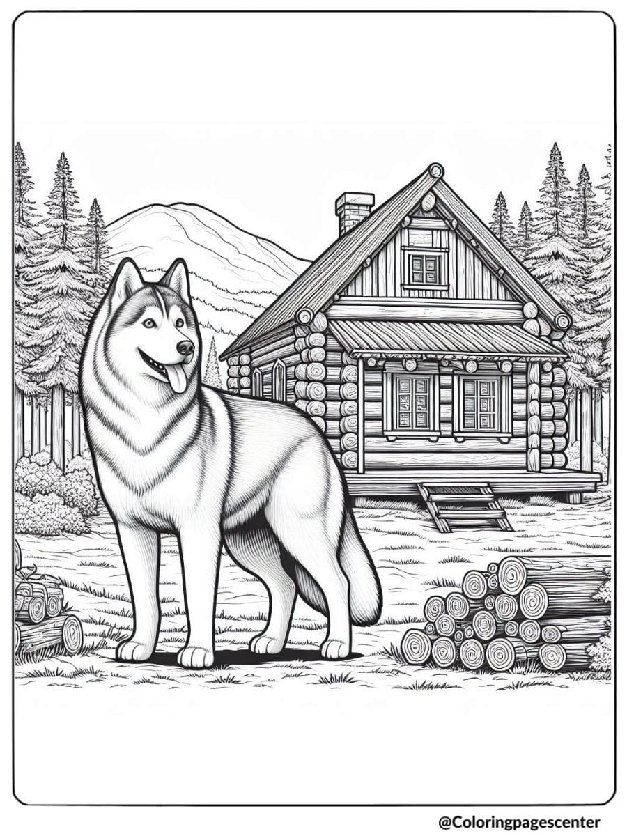 Realistic husky by a log cabin in woods coloring page