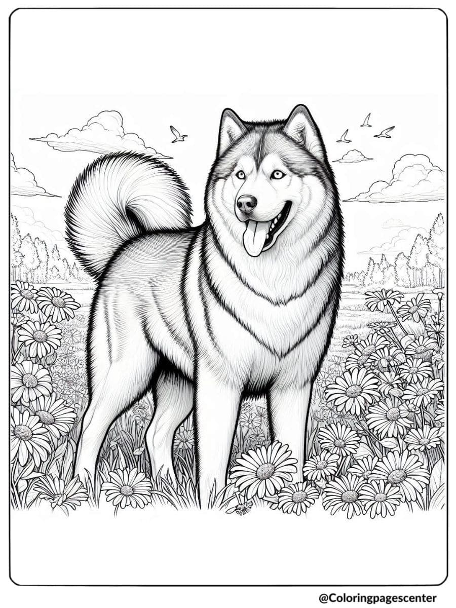 Realistic husky in a flower field coloring page