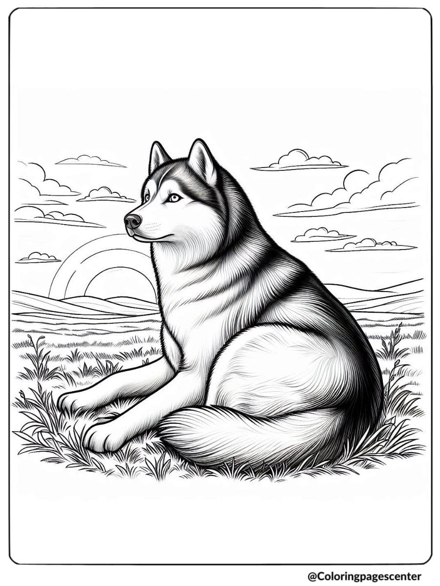 Realistic husky sitting in grass coloring page