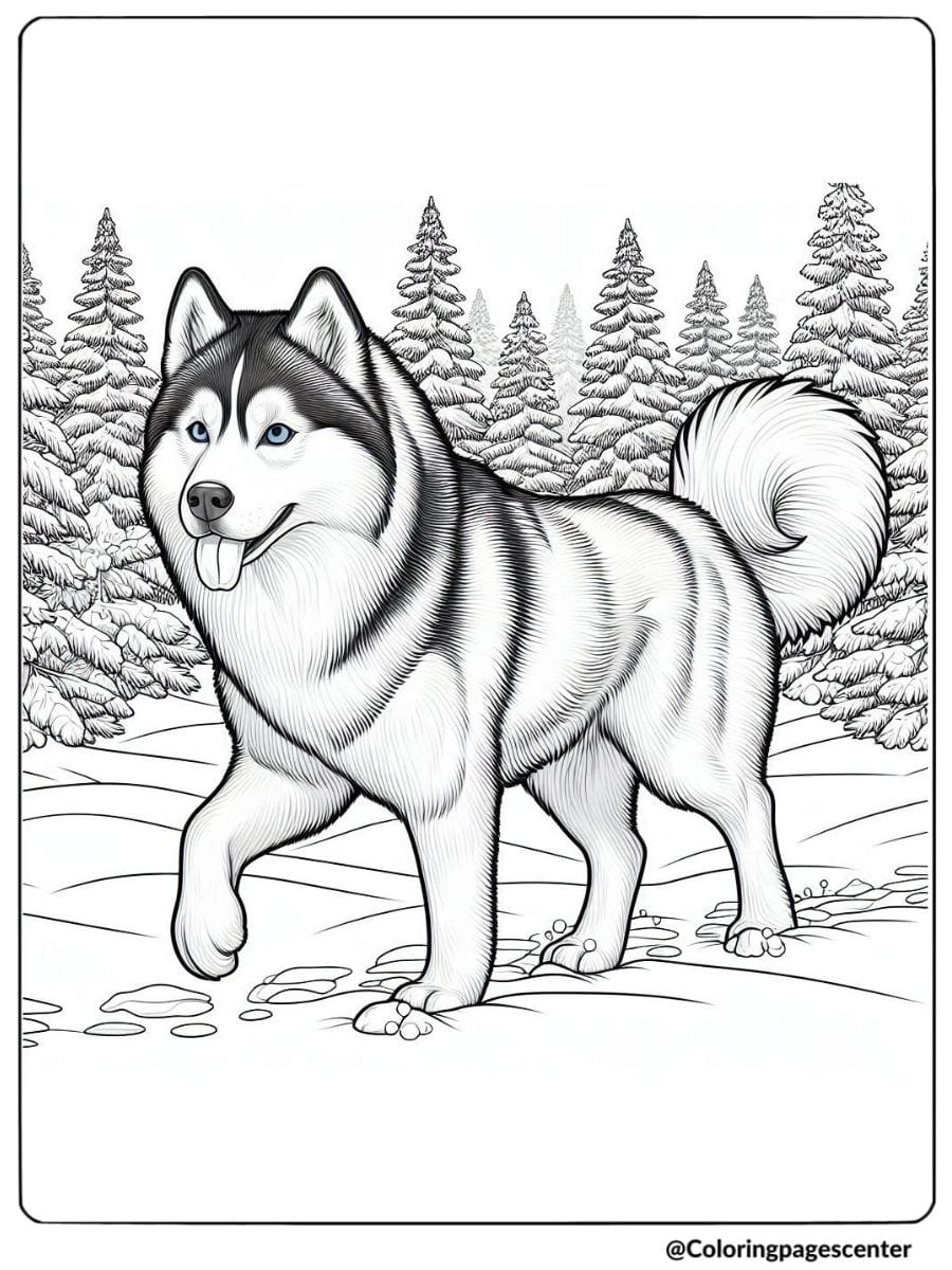 Realistic husky in winter forest coloring page