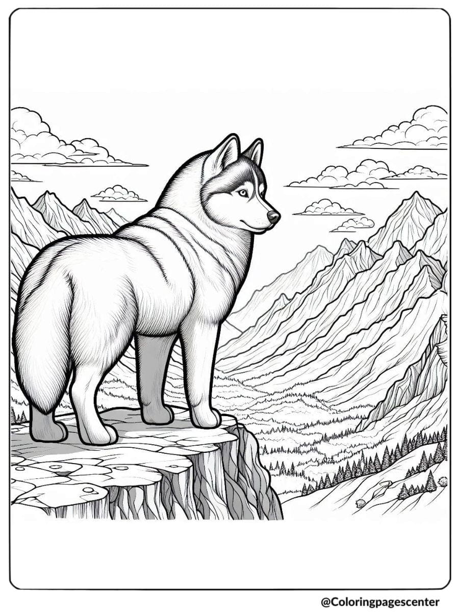 Realistic husky on mountain cliff coloring page