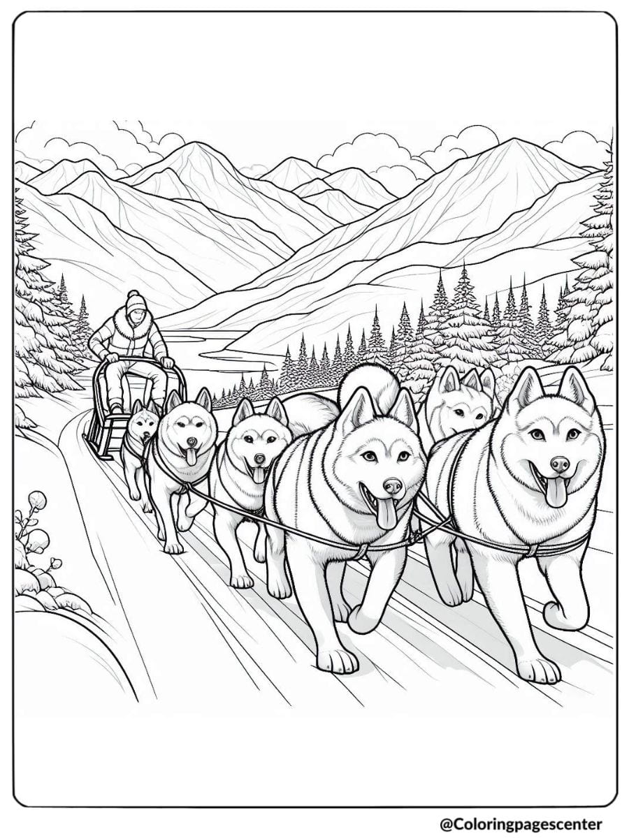 Realistic husky sled team in mountains coloring page