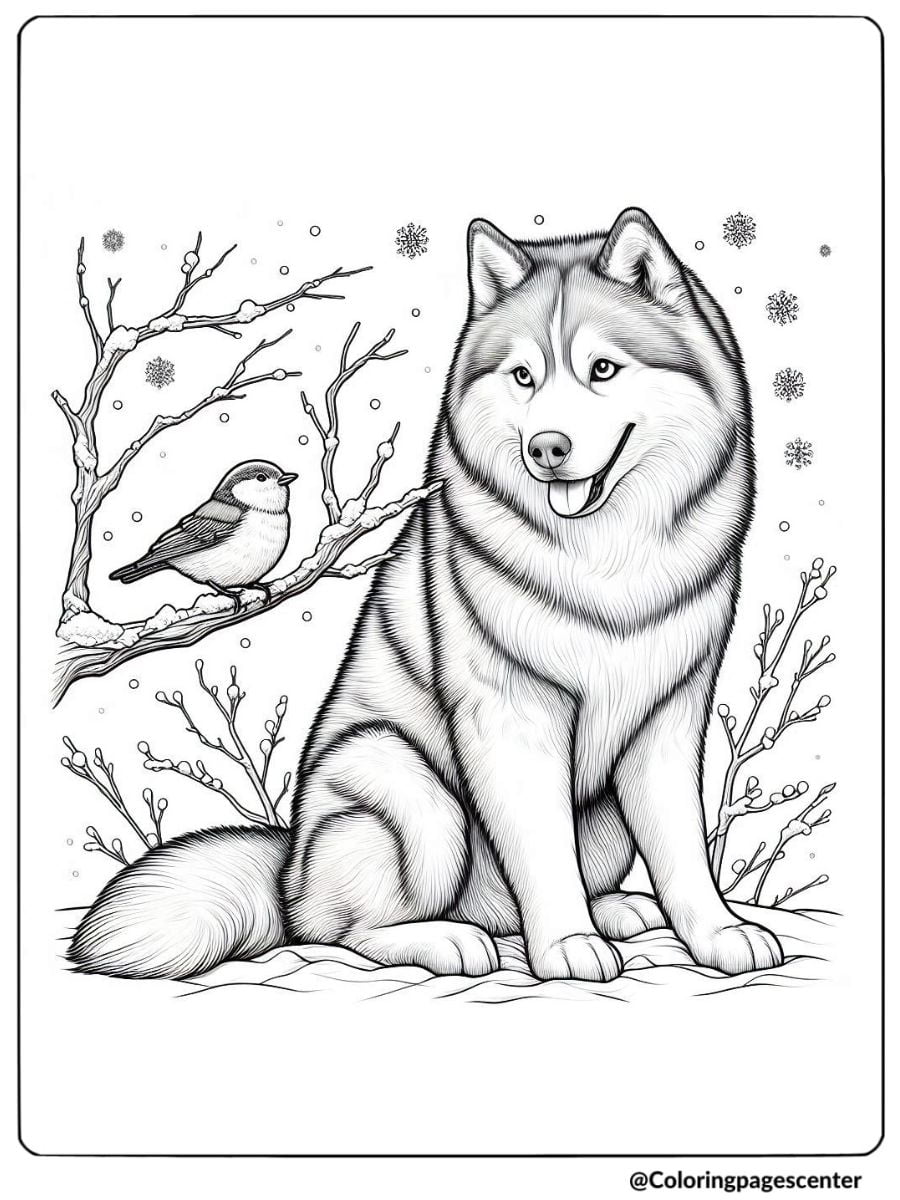 Realistic husky with bird in snowy scene coloring page