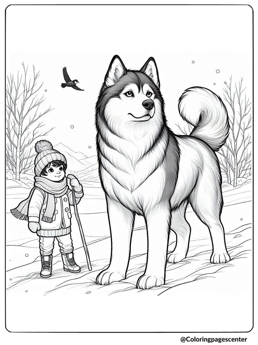 Realistic husky and child in snowy scene coloring page