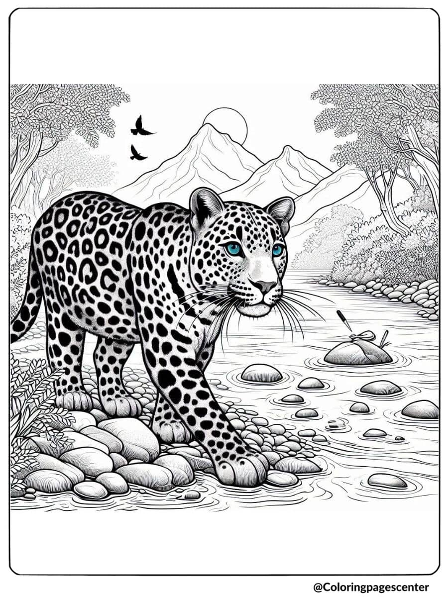 Coloring page of a realistic leopard with blue eyes by riverbank