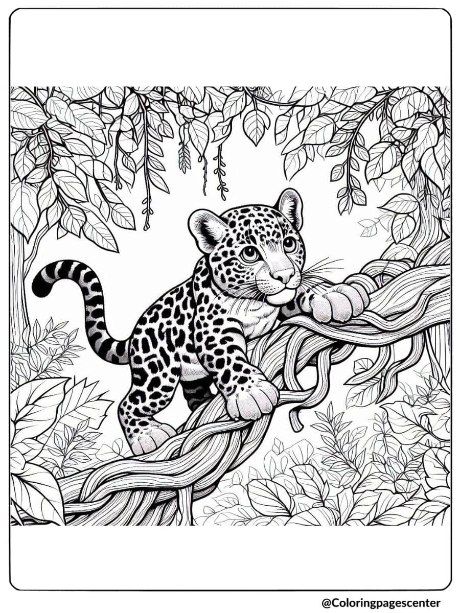 Coloring page of a realistic leopard cub on a branch