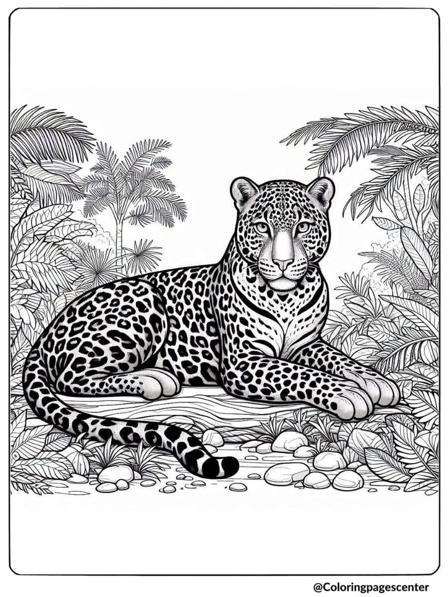 Coloring page of a realistic leopard in a tropical jungle