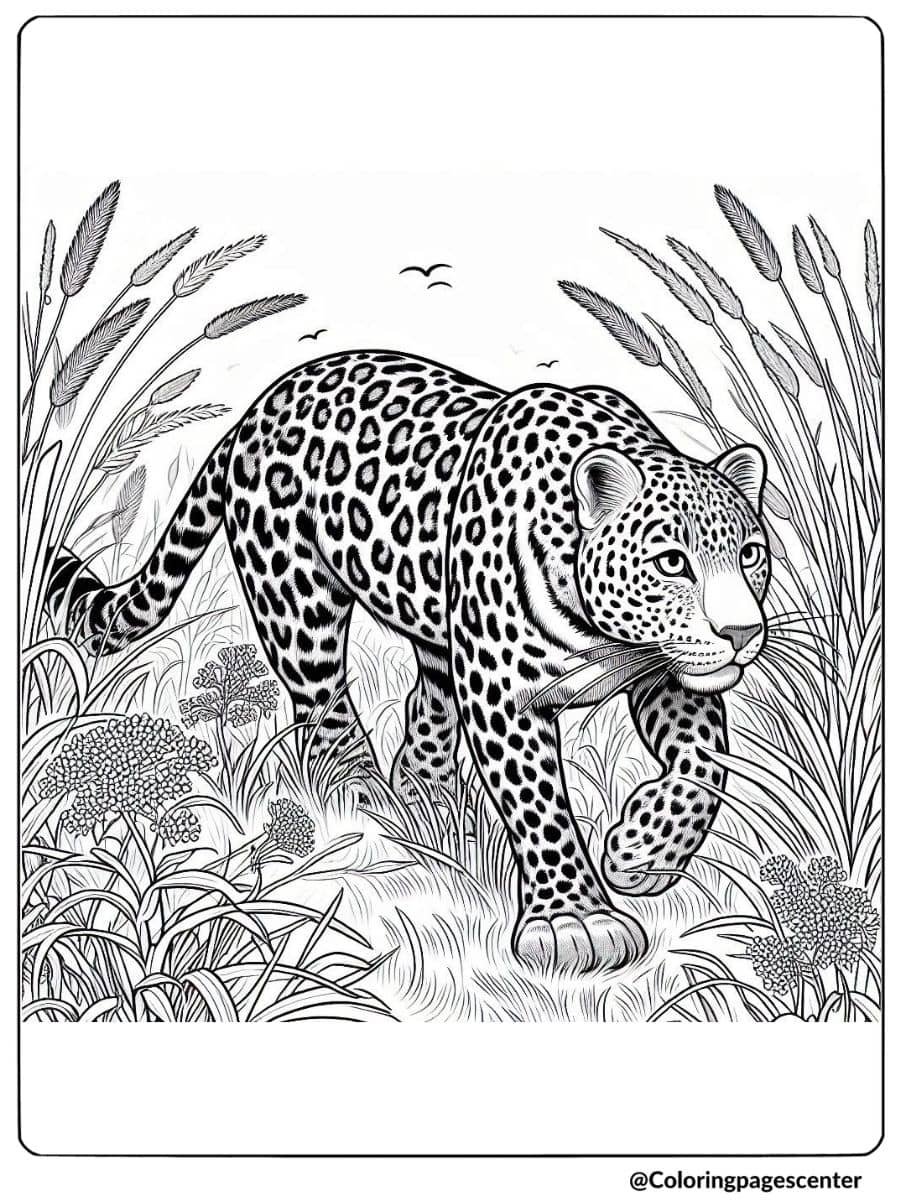 Coloring page of a realistic leopard walking in tall grass