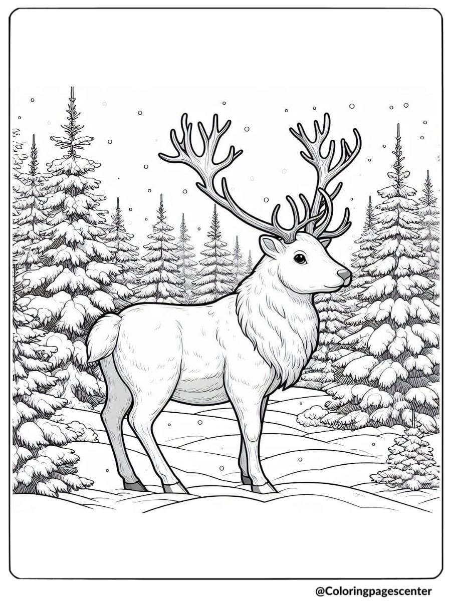 Coloring page for adults of realistic reindeer in snowy forest