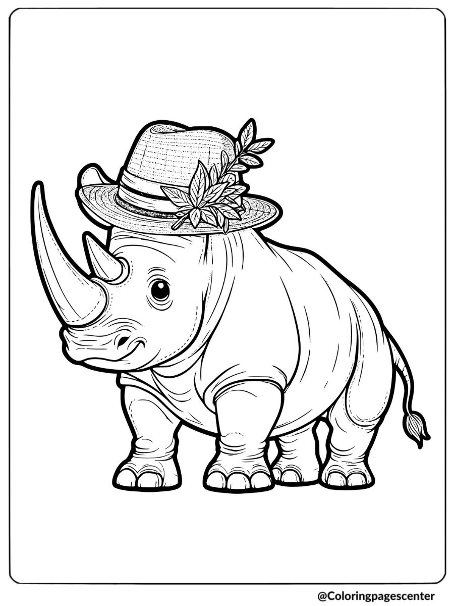 Coloring page of a rhino wearing a decorative hat