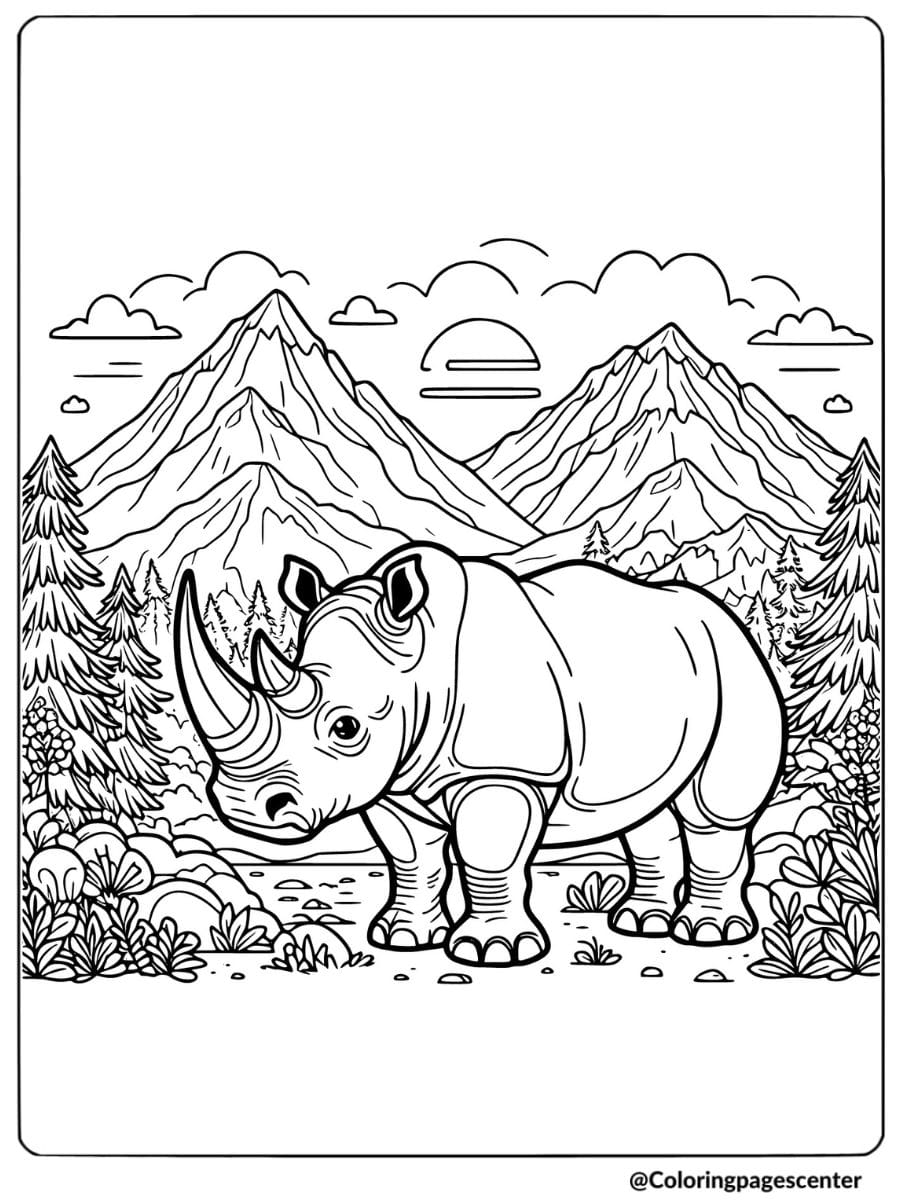 Rhino with mountains in background coloring page