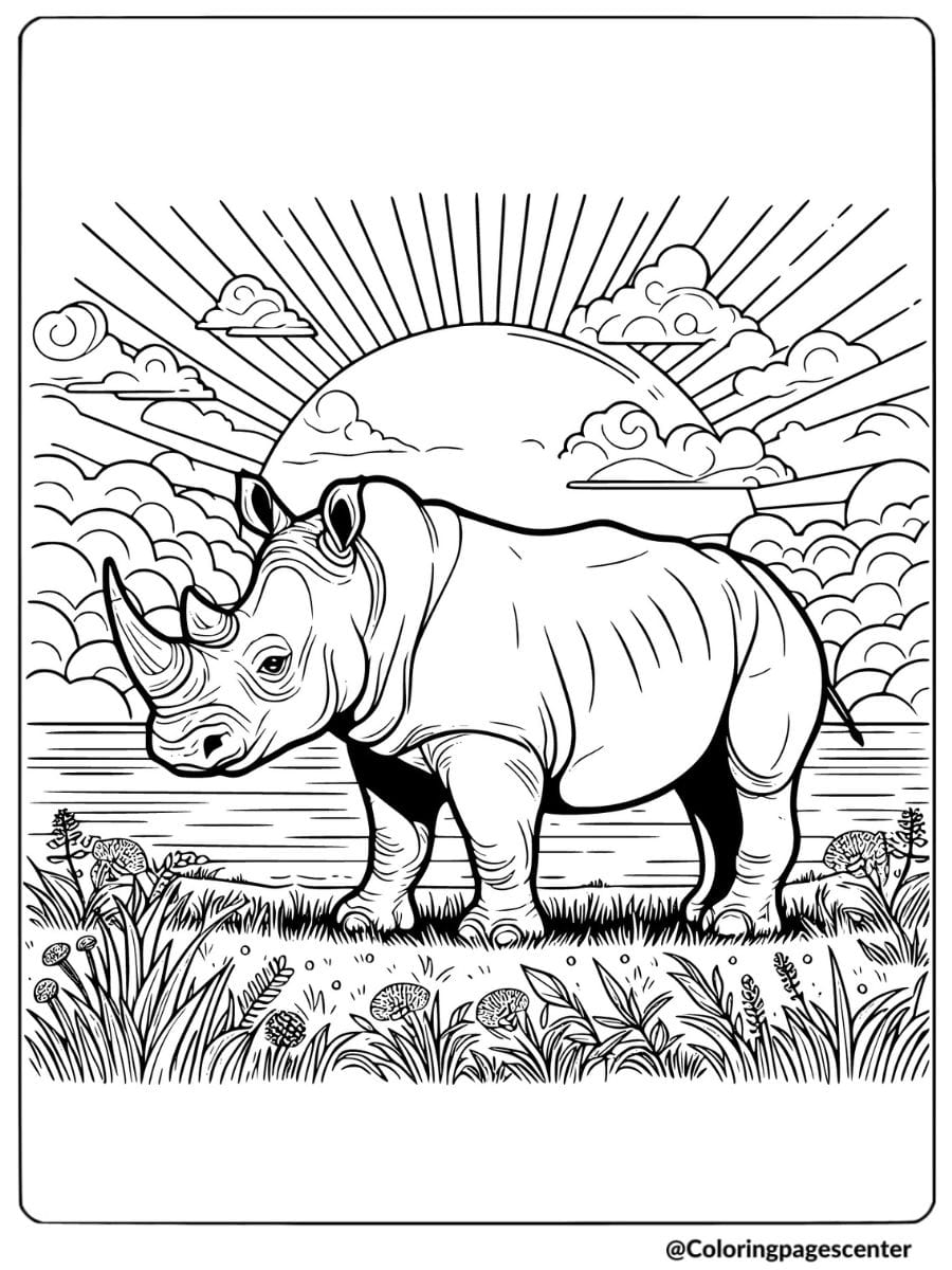 Coloring page of rhino with sunset in the background