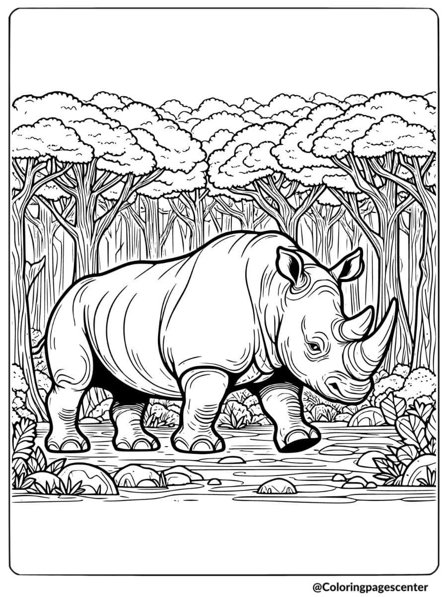 Coloring page featuring a rhino walking in the forest