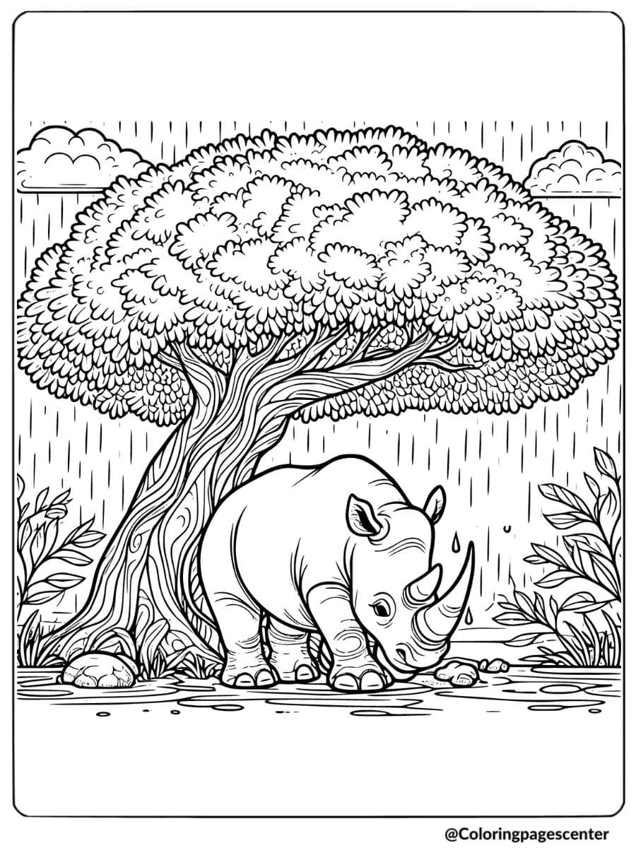 Coloring page of rhino standing under a tree