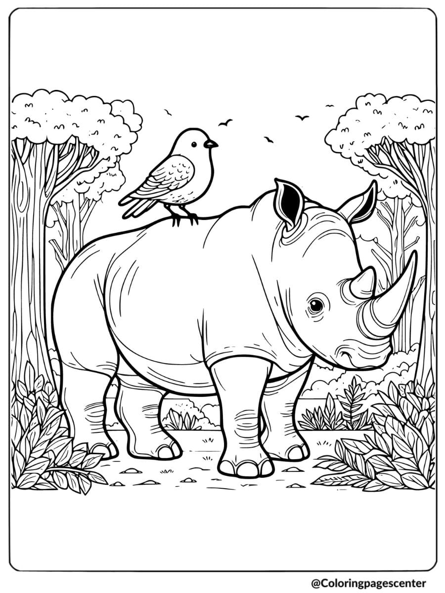 Rhino and bird in a peaceful forest coloring page