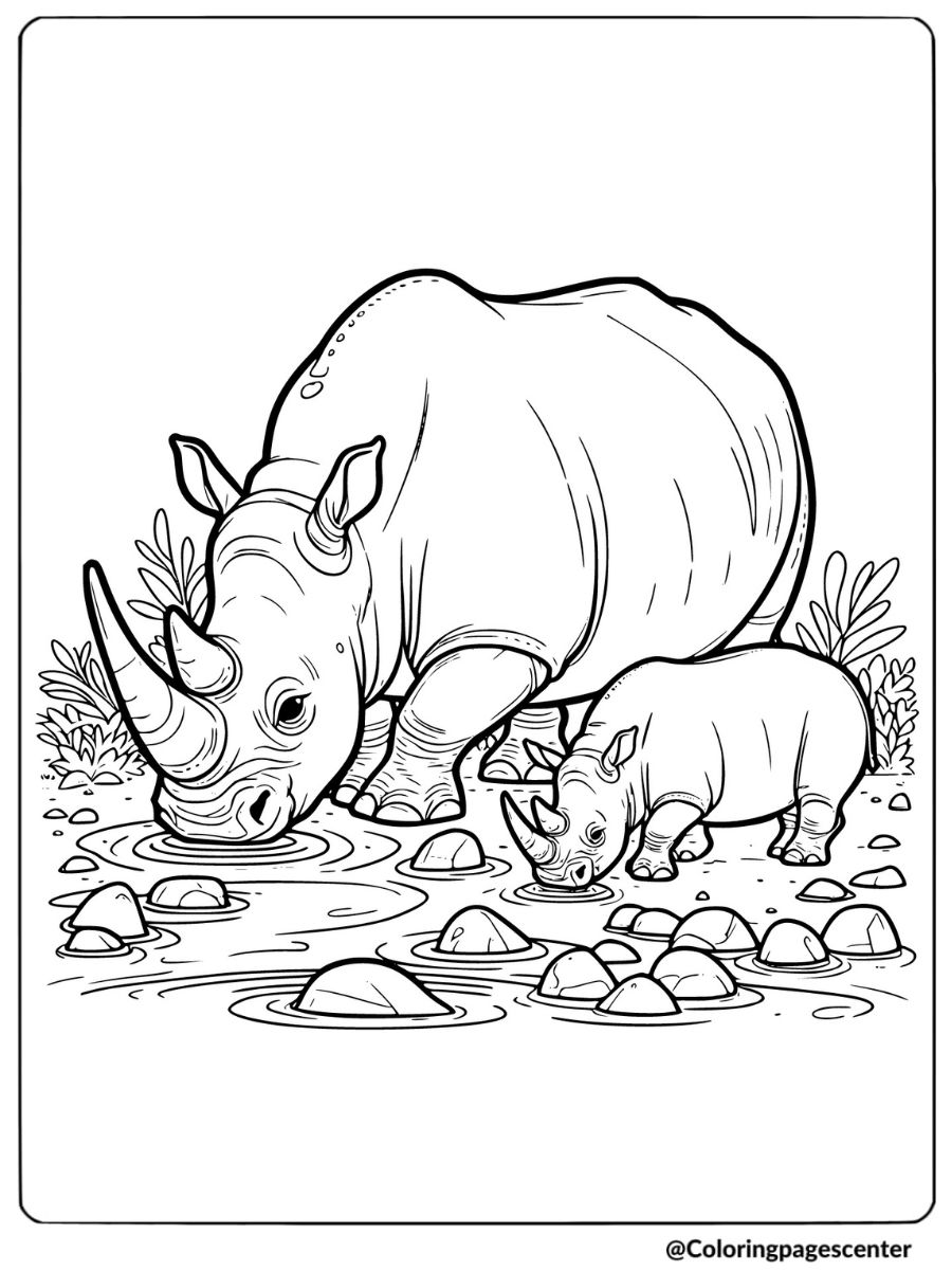 Mother rhino and calf drinking from waterhole coloring page