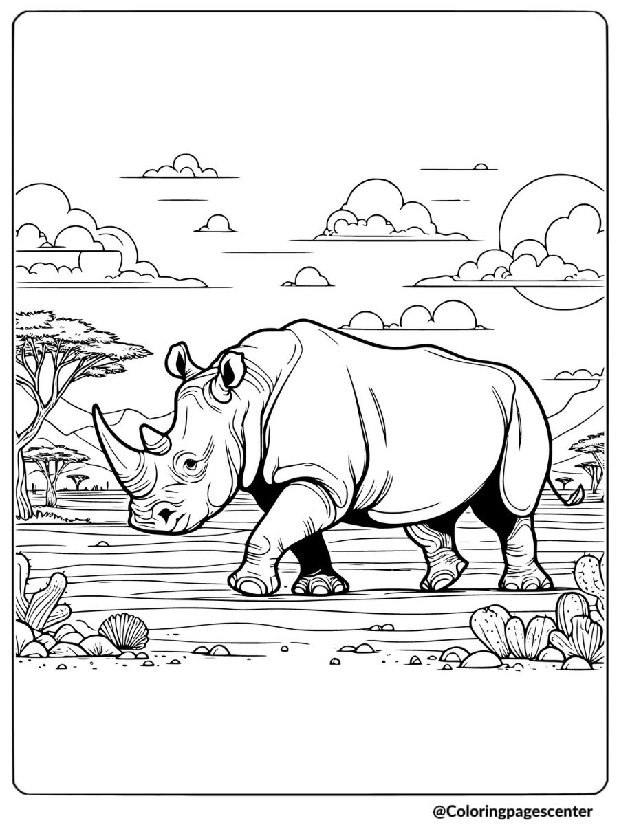 Rhino in the savannah with open sky coloring page