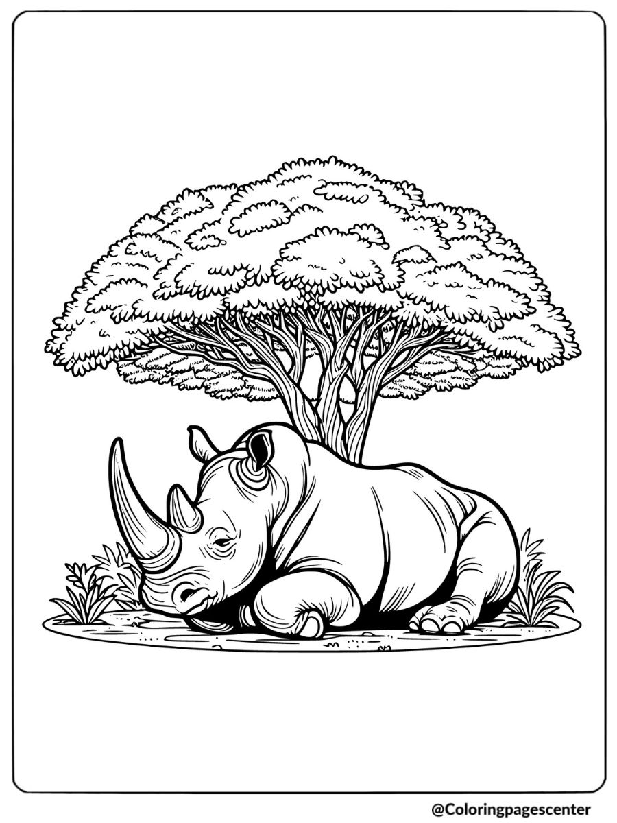 Rhino resting under a tree coloring page