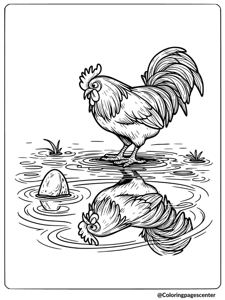 Coloring page of a rooster gazing at its reflection