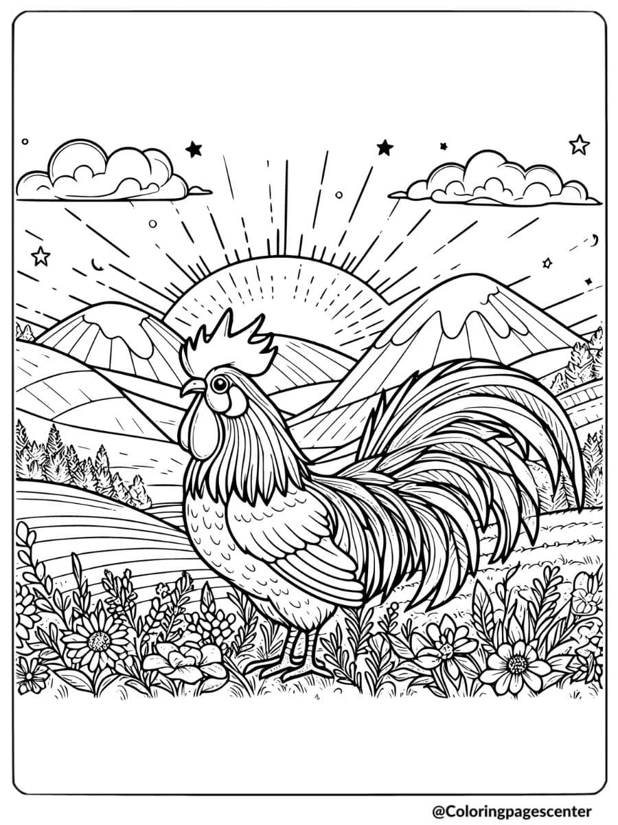 Coloring page of a rooster with sunrise background