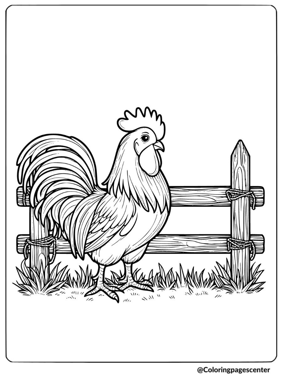 Coloring page of a rooster standing near a fence