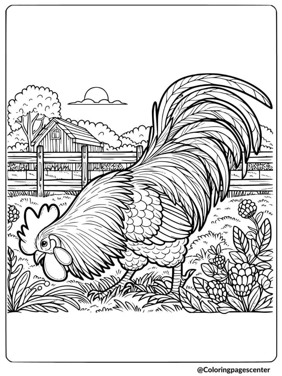 Coloring page of a rooster in a field near flowers