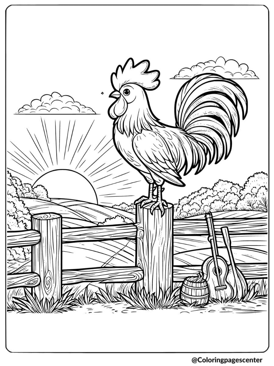 Coloring page of a rooster on fence with sunrise view