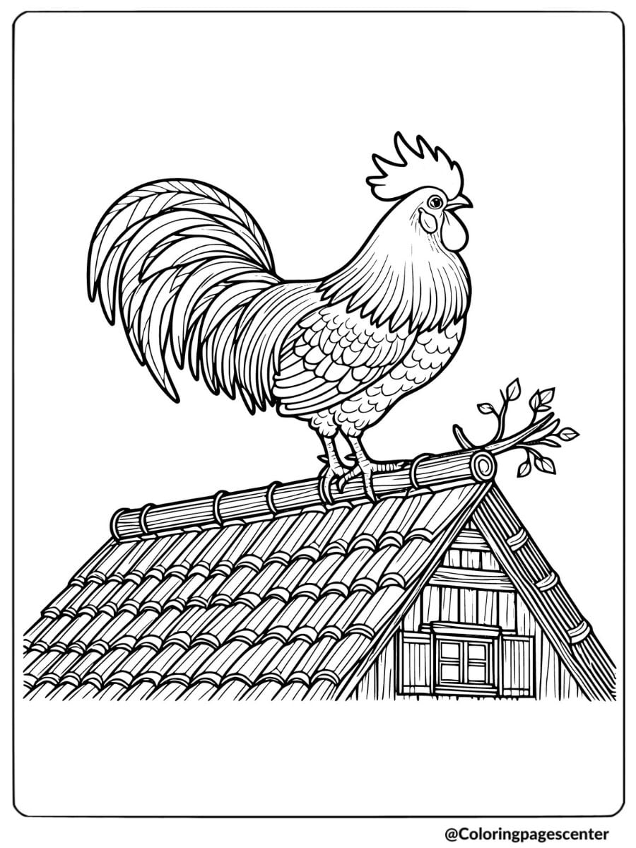 Coloring page of a rooster perched on a roof