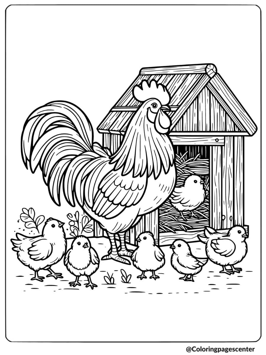 Coloring page of a rooster with baby chicks by coop