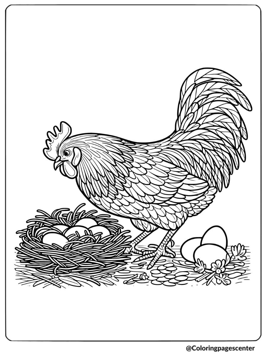 Coloring page of a rooster near a nest with eggs