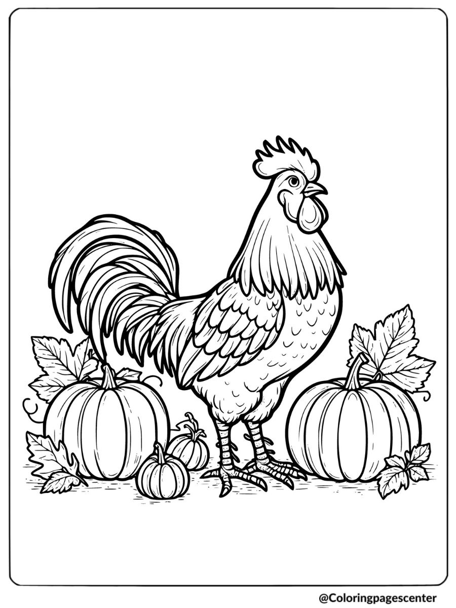 Coloring page of a rooster standing near pumpkins