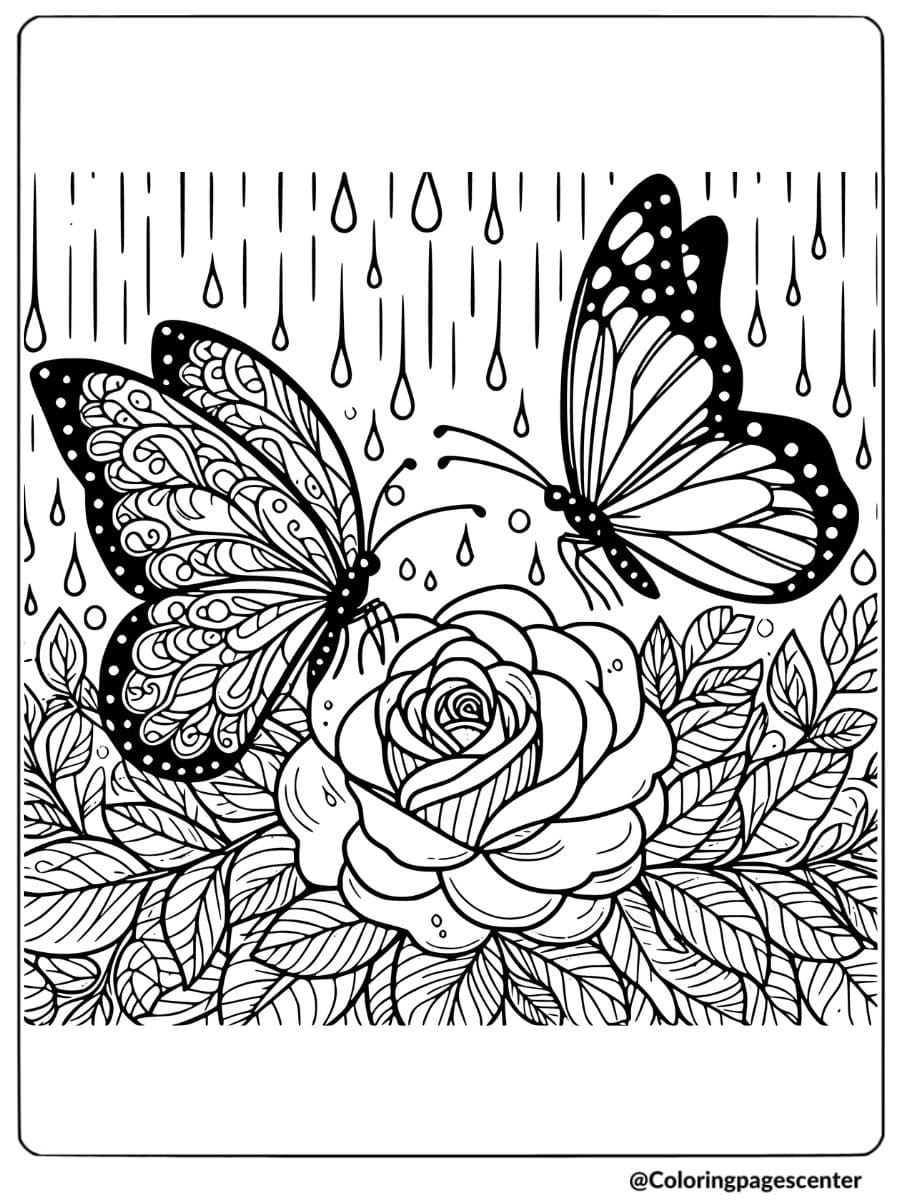 Two butterflies near a blooming rose in the rain coloring page