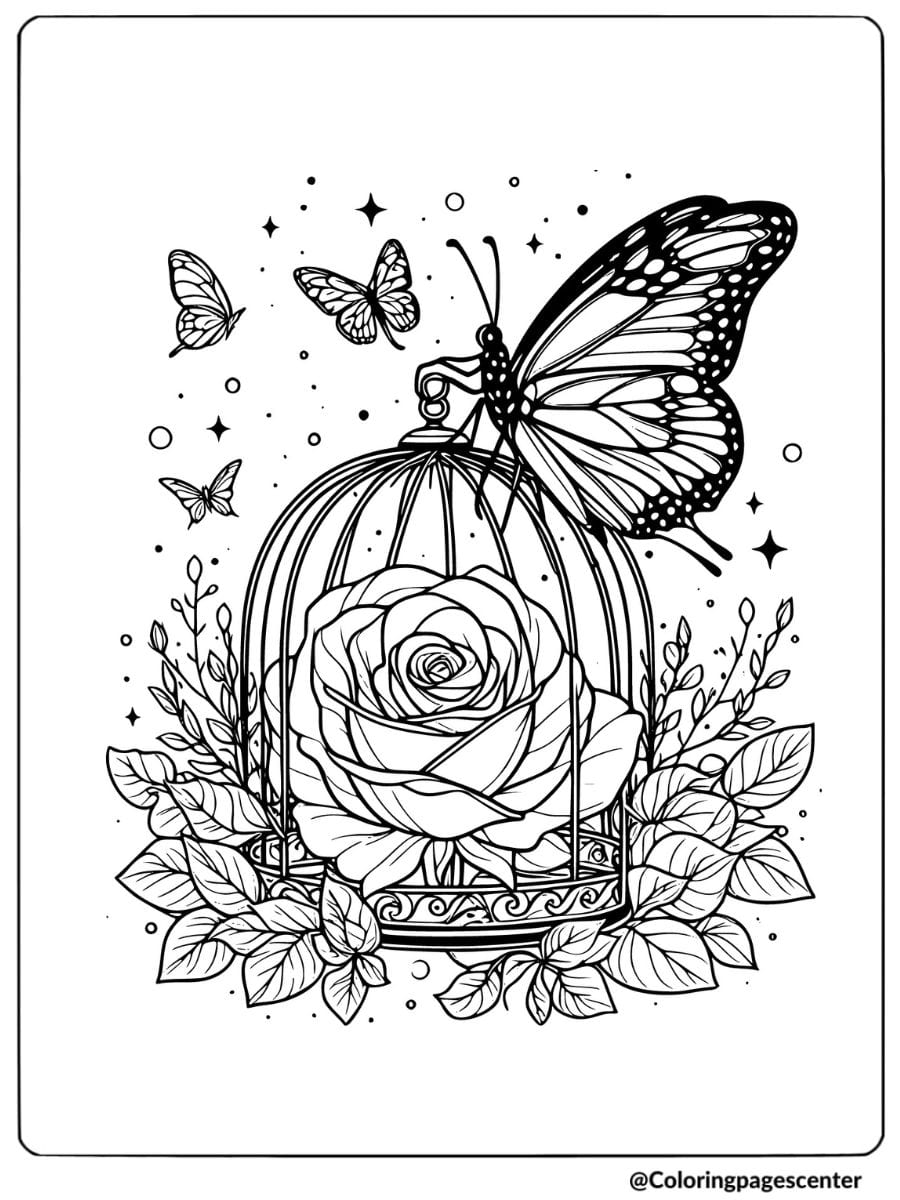 A butterfly sitting on a rose inside a cage coloring page