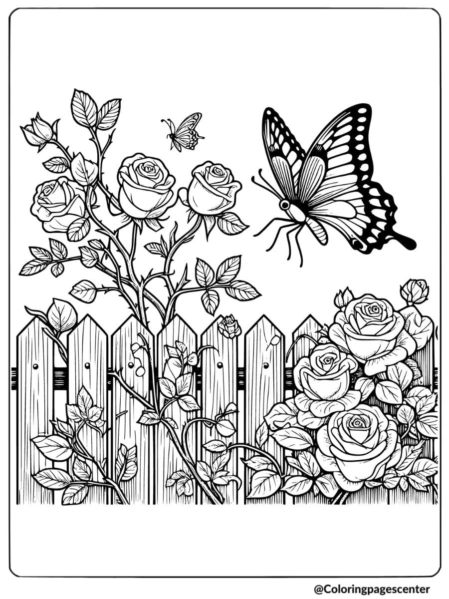 Butterfly near a fence with blooming roses coloring page