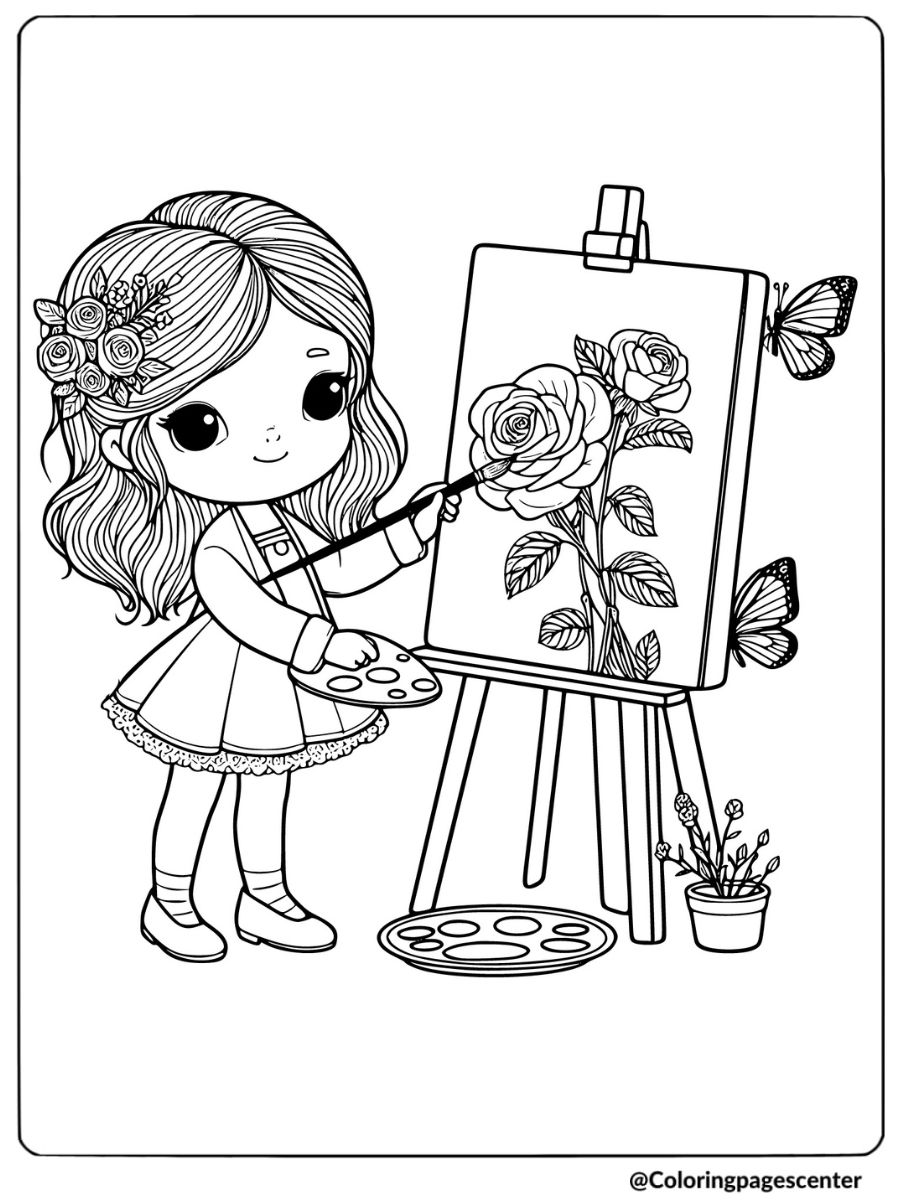 A girl painting a rose with butterflies surround her coloring page