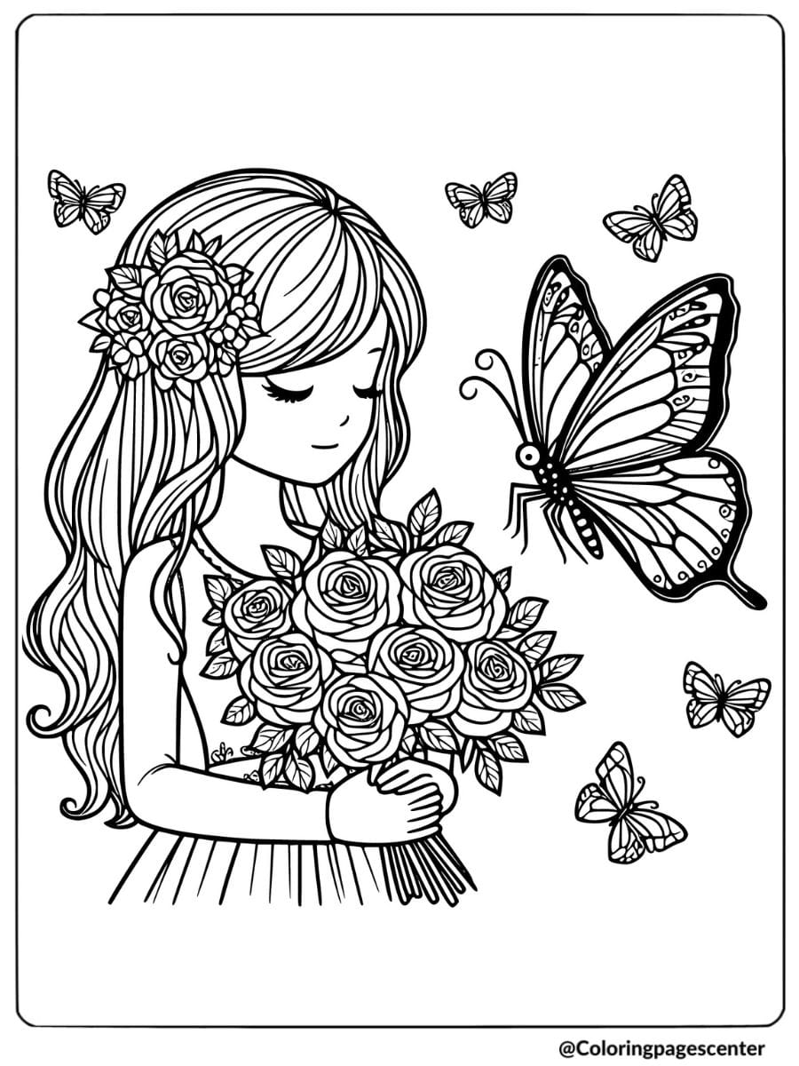 A girl holding roses while butterflies fly around coloring page