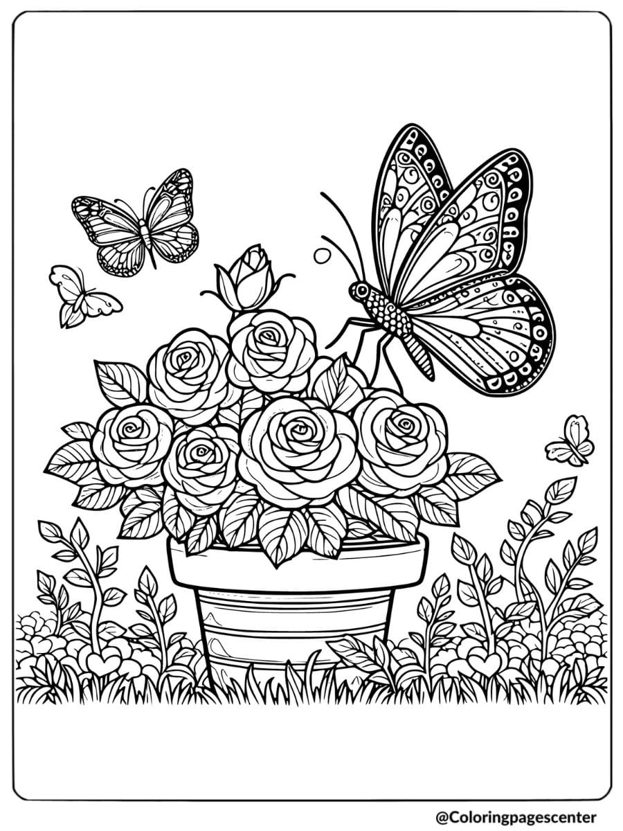 Butterfly flying around roses in a garden coloring page