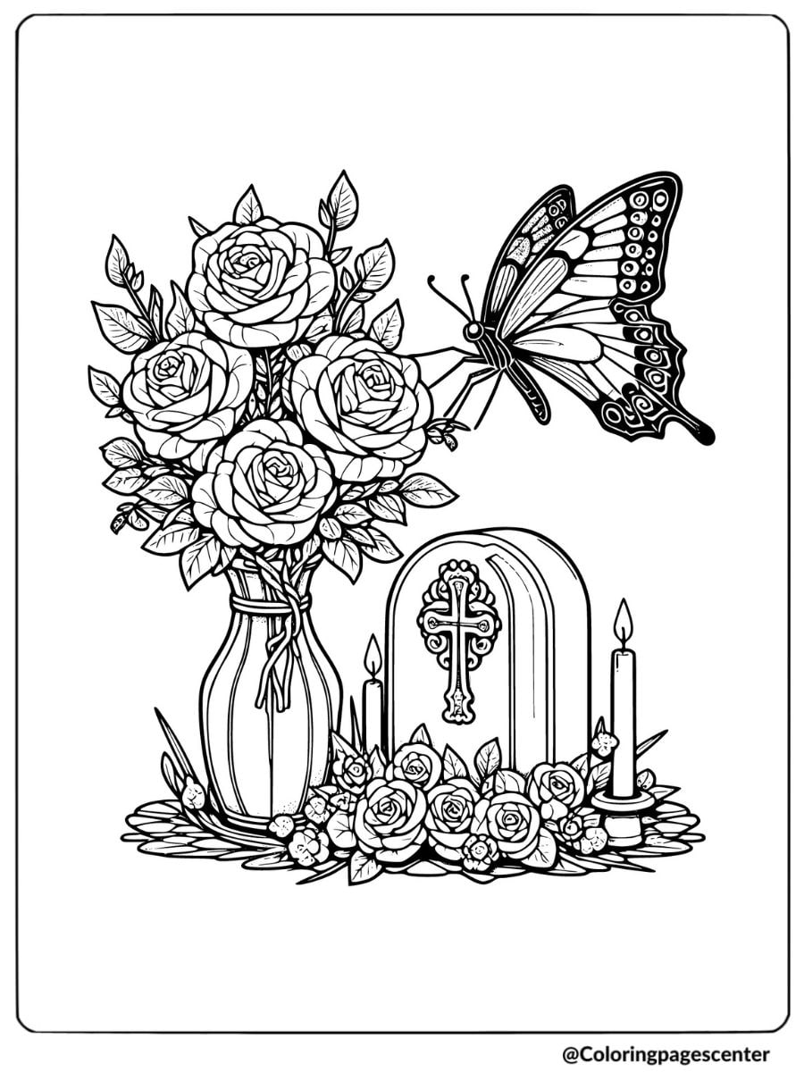 Butterfly with a vase of roses near a gravestone coloring page