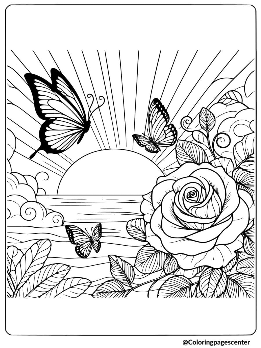 Butterflies flying over a rose at sunrise coloring page