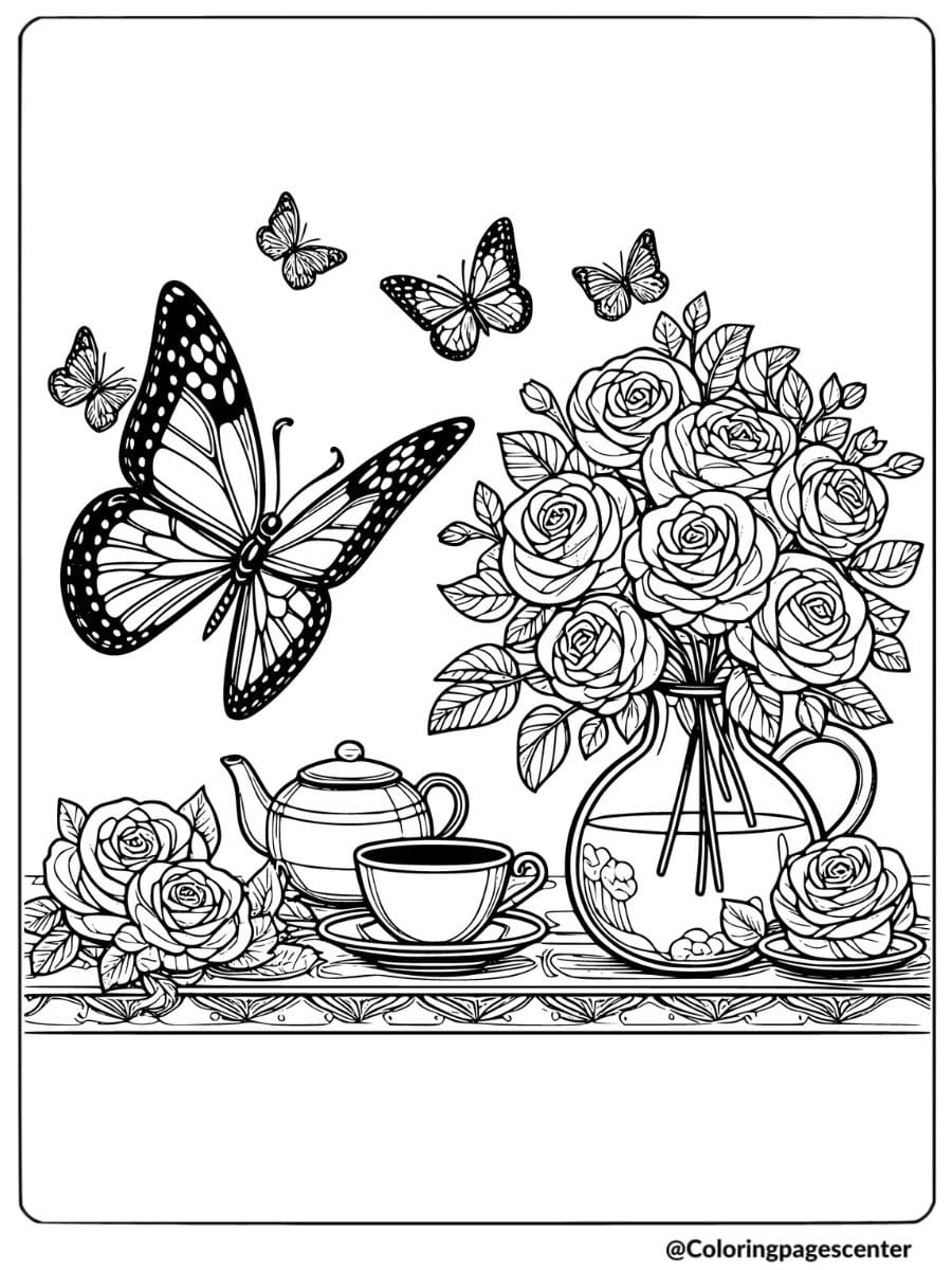 Butterfly flying over a tea table with roses coloring page