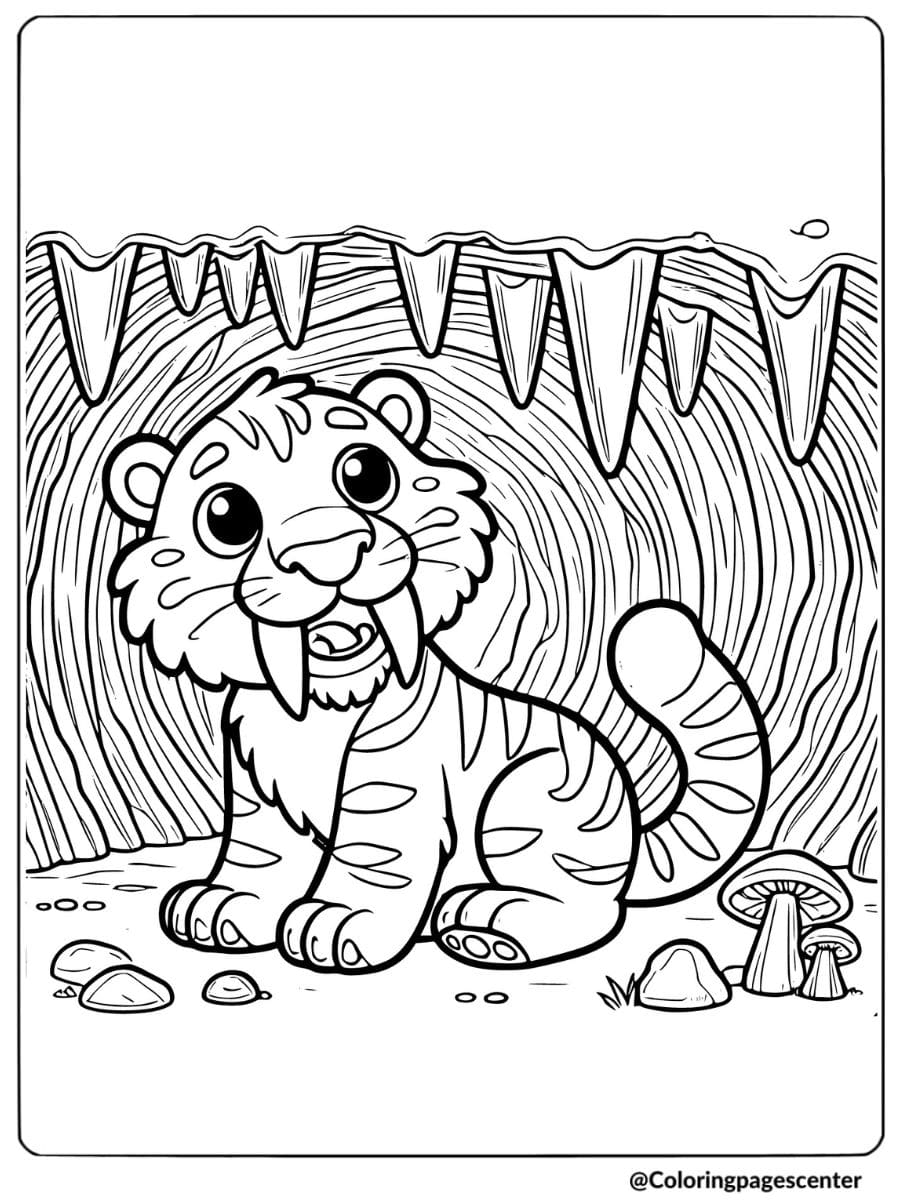 Peaceful saber tooth tiger sleeping inside a cave coloring page