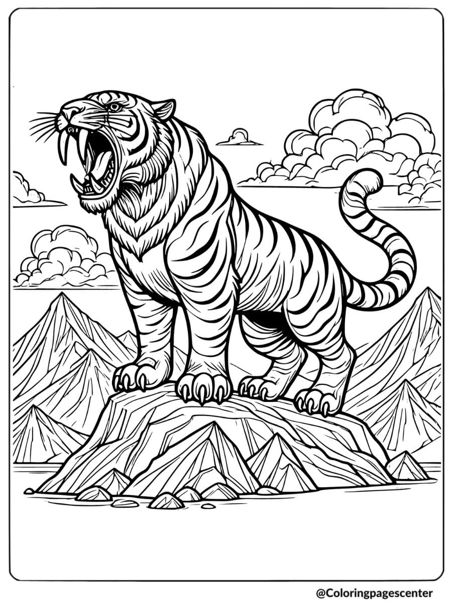 Saber tooth tiger roaring on a mountain peak coloring page